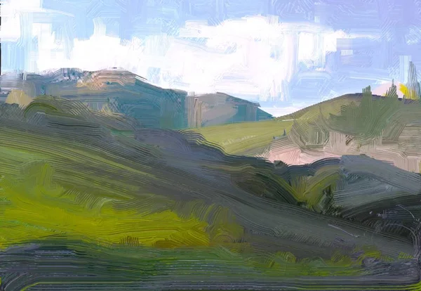 Illustrazione Pittura Olio Arte Paesaggistica Regione Rurale Montagna Campo Verde — Foto Stock