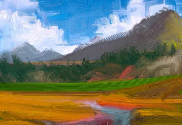 Ilustración Pintura Óleo Arte Paisajístico Región Montañosa Rural Campo Verde — Foto de Stock