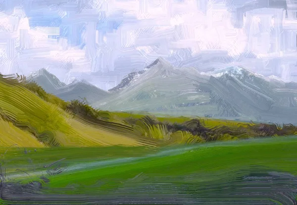 Illustrazione Pittura Olio Arte Paesaggistica Regione Rurale Montagna Campo Verde — Foto Stock