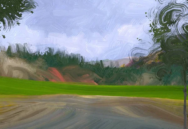 Illustrazione Pittura Olio Arte Paesaggistica Regione Rurale Montagna Campo Verde — Foto Stock