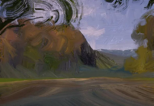 Illustratie Olieverfschilderij Landschapskunst Landelijk Berggebied Kleurrijke Groene Platteland Veld Gras — Stockfoto