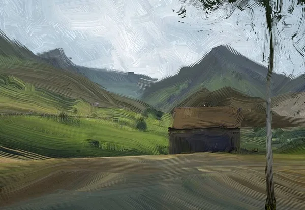 Colorato Campo Campagna Verde Erba Ora Legale Illustrazione Pittura Olio — Foto Stock