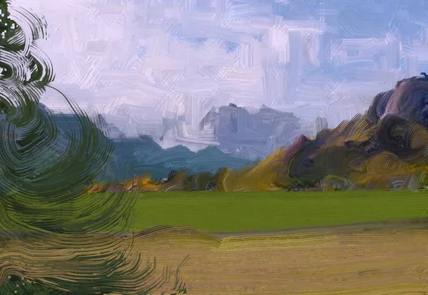 Illustration Peinture Huile Paysage Art Région Montagneuse Rurale Champ Vert — Photo