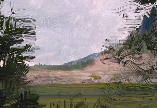 Εικονογράφηση Τέχνη Τοπίου Ελαιογραφία Αγροτική Ορεινή Περιοχή Πολύχρωμο Πράσινο Χωράφι — Φωτογραφία Αρχείου