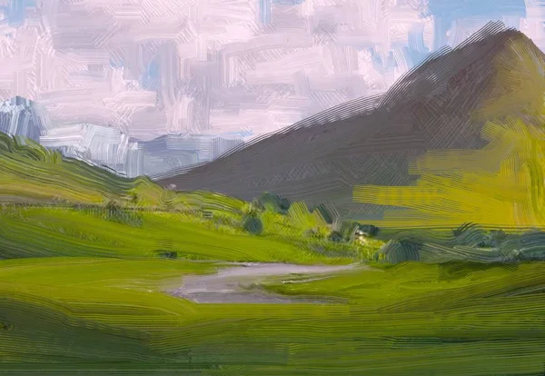 Ilustração Pintura Óleo Arte Paisagem Região Montanhosa Rural Campo Verde — Fotografia de Stock