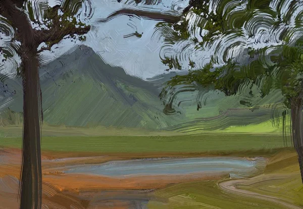 Colorato Campo Campagna Verde Erba Ora Legale Illustrazione Pittura Olio — Foto Stock