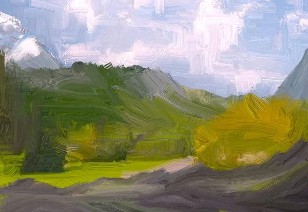 Illustration Oil Painting Landscape Art Rural Mountain Region Colorful Green — Stock Photo, Image