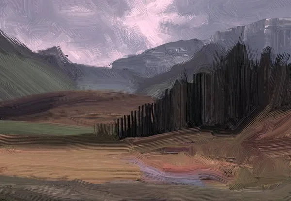 Ілюстрація Олійний Живопис Ландшафтне Мистецтво Сільський Гірський Регіон Барвисте Зелене — стокове фото