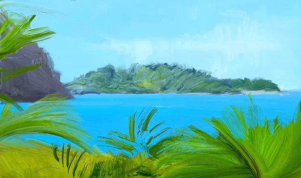 Dibujo Paisaje Marino Con Gouache Pinturas Acrílicas — Foto de Stock