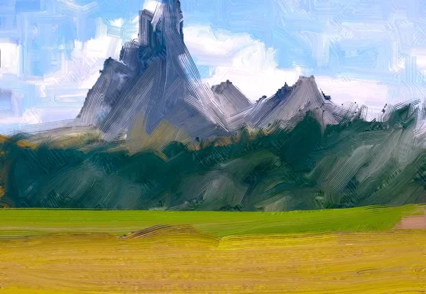 2d illustration. Oil painting landscape art. Rural mountain region. Colorful green field and grass. Summer time. Countryside.