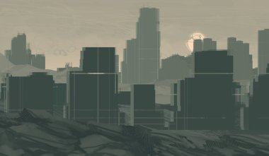 2d illüstrasyon. Gökdelen şehir metropol. Dijital sanat. El yapımı dijital boyama.   