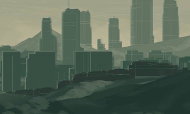 2d illüstrasyon. Gökdelen şehir metropol. Dijital sanat. El yapımı dijital boyama.   