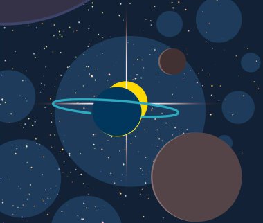 2d illüstrasyon. Karikatür stil boşluk resmi çizin. Derin geniş alan. Yıldızlar, gezegenler ve uydular. Çeşitli bilim kurgu yaratıcı fon. Uzay sanatı. Uzaylı güneş sistemleri. Gezegenler ve Uydular.