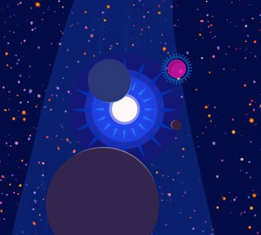 2d illüstrasyon. Karikatür stil boşluk resmi çizin. Derin geniş alan. Yıldızlar, gezegenler ve uydular. Çeşitli bilim kurgu yaratıcı fon. Uzay sanatı. Uzaylı güneş sistemleri. Gezegenler ve Uydular.