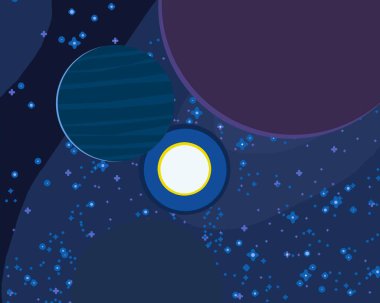 2d illüstrasyon. Karikatür stil boşluk resmi çizin. Derin geniş alan. Yıldızlar, gezegenler ve uydular. Çeşitli bilim kurgu yaratıcı fon. Uzay sanatı. Uzaylı güneş sistemleri. Gezegenler ve Uydular.