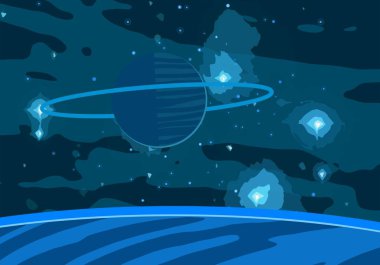 2d illüstrasyon. Karikatür stil boşluk resmi çizin. Derin geniş alan. Yıldızlar, gezegenler ve uydular. Çeşitli bilim kurgu yaratıcı fon. Uzay sanatı. Uzaylı güneş sistemleri. Gezegenler ve Uydular.