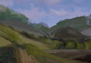 2d illüstrasyon. Yağlıboya manzara sanatı. Kırsal dağlık bölge. Renkli yeşil alan ve çimen. Yaz zamanı. Kırsal.