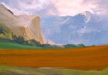 2d illüstrasyon. Yağlıboya manzara sanatı. Kırsal dağlık bölge. Renkli yeşil alan ve çimen. Yaz zamanı. Kırsal.