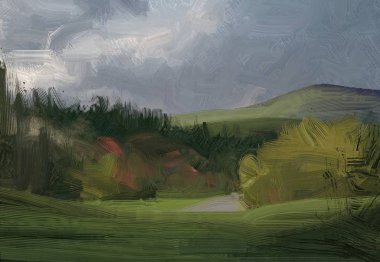 Renkli yeşil kırsal alan ve çim. Yaz zamanı. 2d illüstrasyon. Yağlıboya manzara sanatı. Kırsal dağlık bölge.