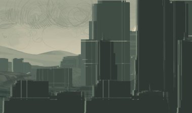 2d illüstrasyon. Gökdelen şehir metropol. Dijital sanat. El yapımı dijital boyama.   