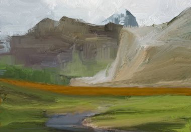 Renkli yeşil kırsal alan ve çim. Yaz zamanı. 2d illüstrasyon. Yağlıboya manzara sanatı. Kırsal dağlık bölge.