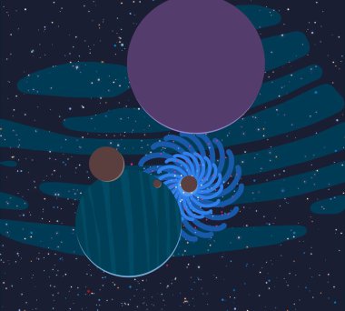 2d illüstrasyon. Karikatür stil boşluk resmi çizin. Derin geniş alan. Yıldızlar, gezegenler ve uydular. Çeşitli bilim kurgu yaratıcı fon. Uzay sanatı. Uzaylı güneş sistemleri. Gezegenler ve Uydular.