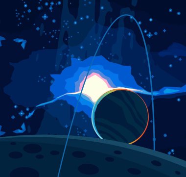 2d illüstrasyon. Karikatür stil boşluk resmi çizin. Derin geniş alan. Yıldızlar, gezegenler ve uydular. Çeşitli bilim kurgu yaratıcı fon. Uzay sanatı. Uzaylı güneş sistemleri. Gezegenler ve Uydular.