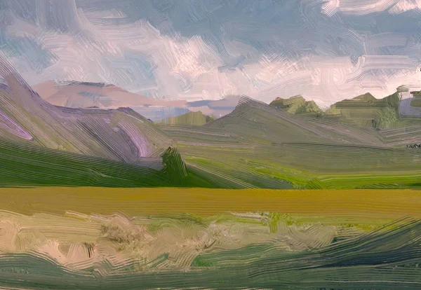 Ilustração Pintura Óleo Arte Paisagem Região Montanhosa Rural Campo Verde — Fotografia de Stock