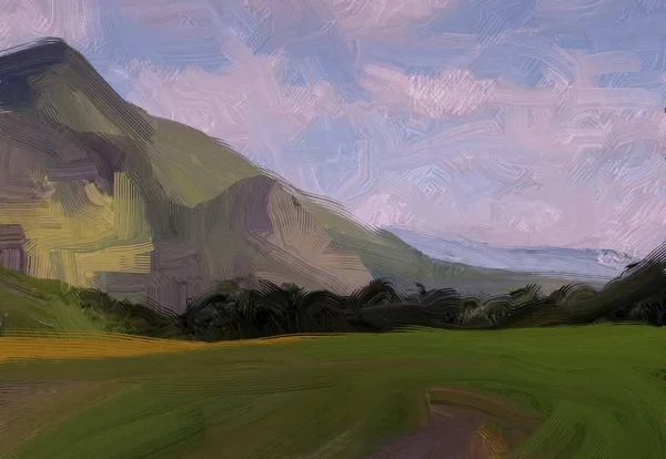 Illustrazione Pittura Olio Arte Paesaggistica Regione Rurale Montagna Campo Verde — Foto Stock