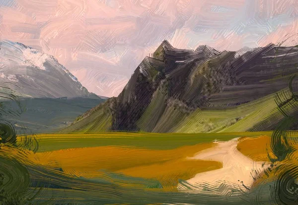 Ilustrație Pictura Ulei Peisaj Artă Regiunea Montană Rurală Câmp Verde — Fotografie, imagine de stoc