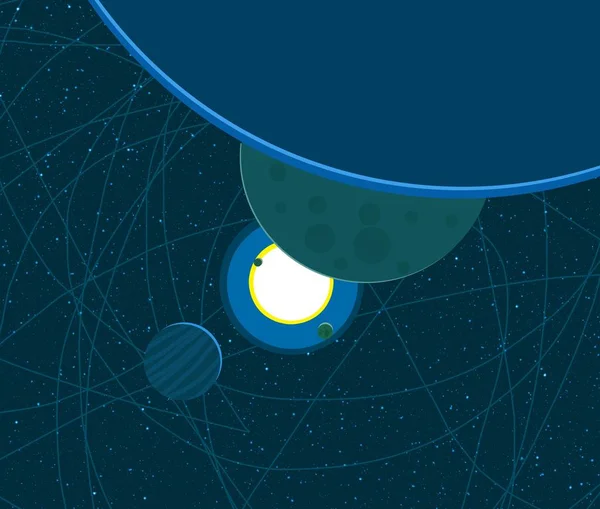 2d illüstrasyon. Karikatür stil boşluk resmi çizin. Derin geniş alan. Yıldızlar, gezegenler ve uydular. Çeşitli bilim kurgu yaratıcı fon. Uzay sanatı. Uzaylı güneş sistemleri. Gezegenler ve Uydular.