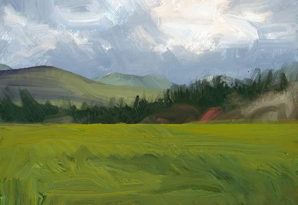 Colorful Green Countryside Field Grass Summer Time Illustration Oil Painting — Stock Photo, Image