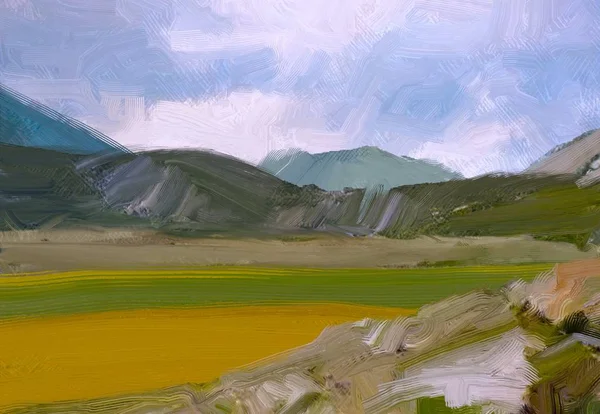 Ilustración Pintura Óleo Arte Paisajístico Región Montañosa Rural Campo Verde — Foto de Stock