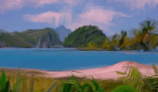 Dibujo Paisaje Marino Con Gouache Pinturas Acrílicas — Foto de Stock