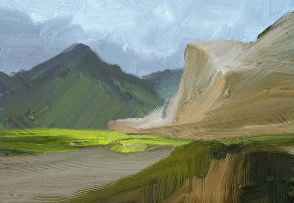 Colorato Campo Campagna Verde Erba Ora Legale Illustrazione Pittura Olio — Foto Stock