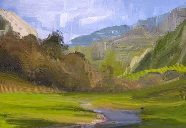 Ilustración Pintura Óleo Arte Paisajístico Región Montañosa Rural Campo Verde —  Fotos de Stock