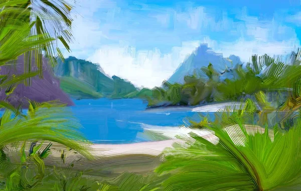 Dibujo Paisaje Marino Con Gouache Pinturas Acrílicas — Foto de Stock