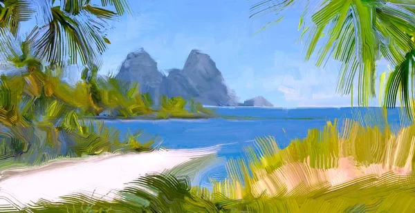 Dibujo Paisaje Marino Con Gouache Pinturas Acrílicas — Foto de Stock