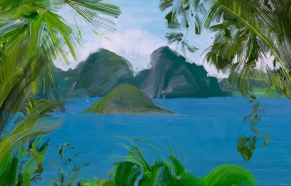 Dibujo Paisaje Marino Con Gouache Pinturas Acrílicas —  Fotos de Stock