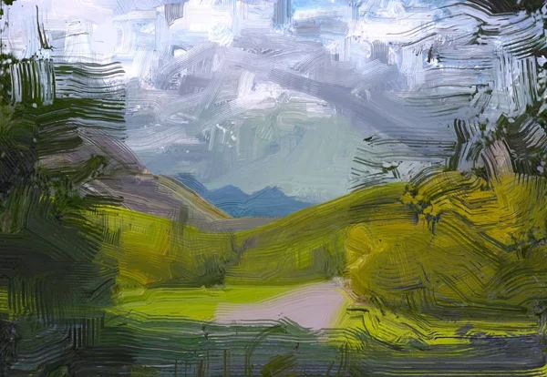 Illustration Peinture Huile Paysage Art Région Montagneuse Rurale Champ Vert — Photo