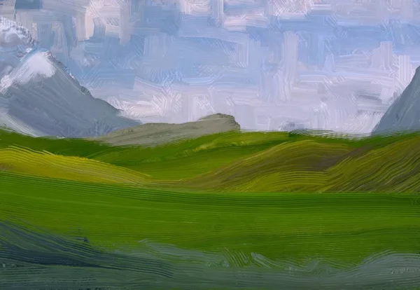 Illustrazione Pittura Olio Arte Paesaggistica Regione Rurale Montagna Campo Verde — Foto Stock