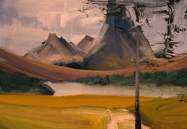2d illustration. Oil painting landscape art. Rural mountain region. Colorful green field and grass. Summer time. Countryside.