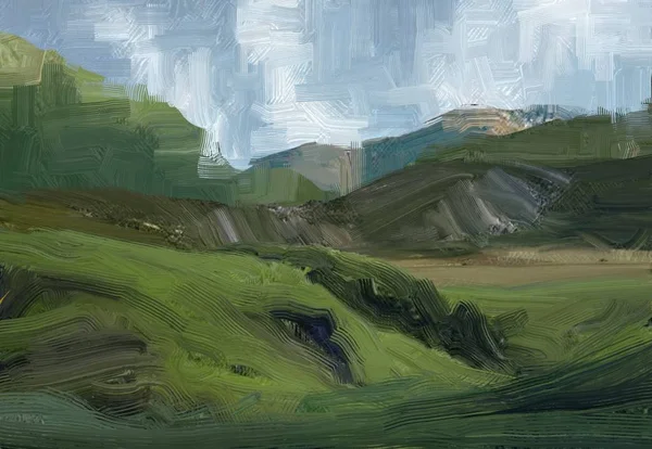 カラフルな緑の田園地帯と草 夏だ2Dイラスト 油絵風景画 農村山岳地帯 — ストック写真