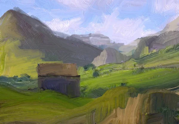 Ilustración Pintura Óleo Arte Paisajístico Región Montañosa Rural Campo Verde —  Fotos de Stock