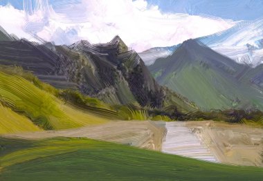 2d illüstrasyon. Yağlıboya manzara sanatı. Kırsal dağlık bölge. Renkli yeşil alan ve çimen. Yaz zamanı. Kırsal.