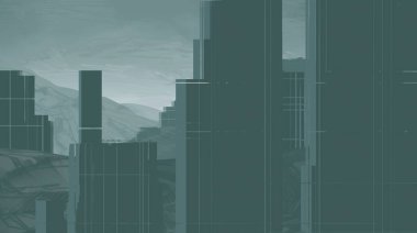 2d illüstrasyon. Gökdelen şehir metropol. Dijital sanat. El yapımı dijital boyama.