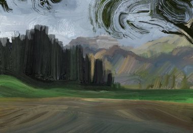 Renkli yeşil kırsal alan ve çim. Yaz zamanı. 2d illüstrasyon. Yağlıboya manzara sanatı. Kırsal dağlık bölge.