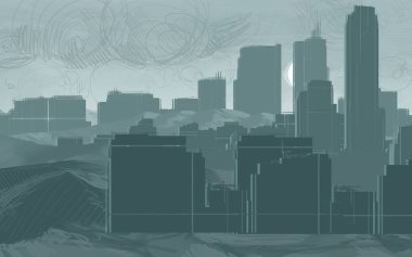 2d illüstrasyon. Gökdelen şehir metropol. Dijital sanat. El yapımı dijital boyama.