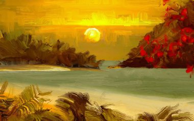 arka planda gün batımında tropikal plaj