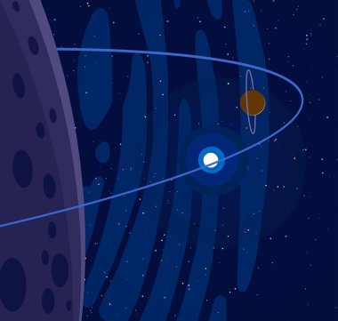 2d illüstrasyon. Karikatür stil boşluk resmi çizin. Derin geniş alan. Yıldızlar, gezegenler ve uydular. Çeşitli bilim kurgu yaratıcı fon. Uzay sanatı. Uzaylı güneş sistemleri. Gezegenler ve Uydular.